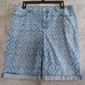 Chicos Sz 18 Jean Shorts Bermuda Slimming Girlfriend Cuff Hem Coastal Ikat Print